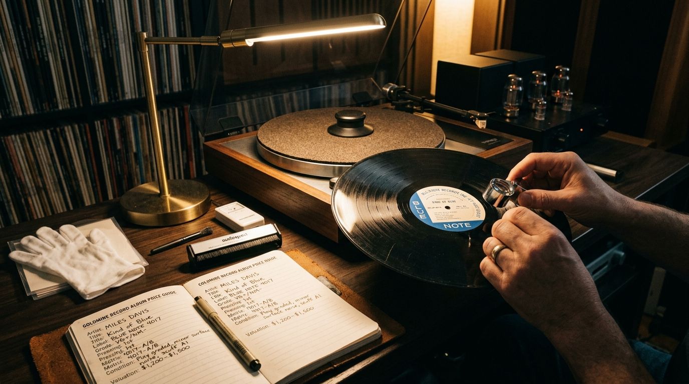Gloved hands holding a record under a desk lamp beside a grading notebook