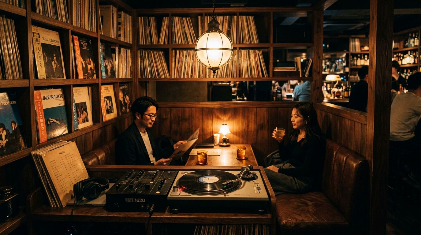Two people in a dim listening bar booth with a turntable